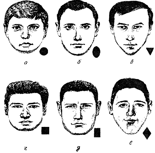 Рис. 31. Общая конфигурация лица: а - лицо округлое; б - овальное; в - треугольное; г - квадратное; д - прямоугольное; е - ромборидное